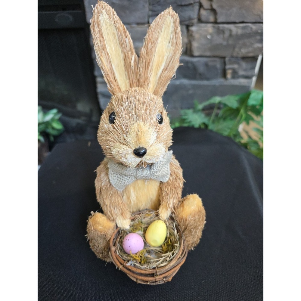 PIER 1 Easter Sisal Bunny Rabbit w/ pastel eggs Spring Shelf Decor 10" tall RARE
